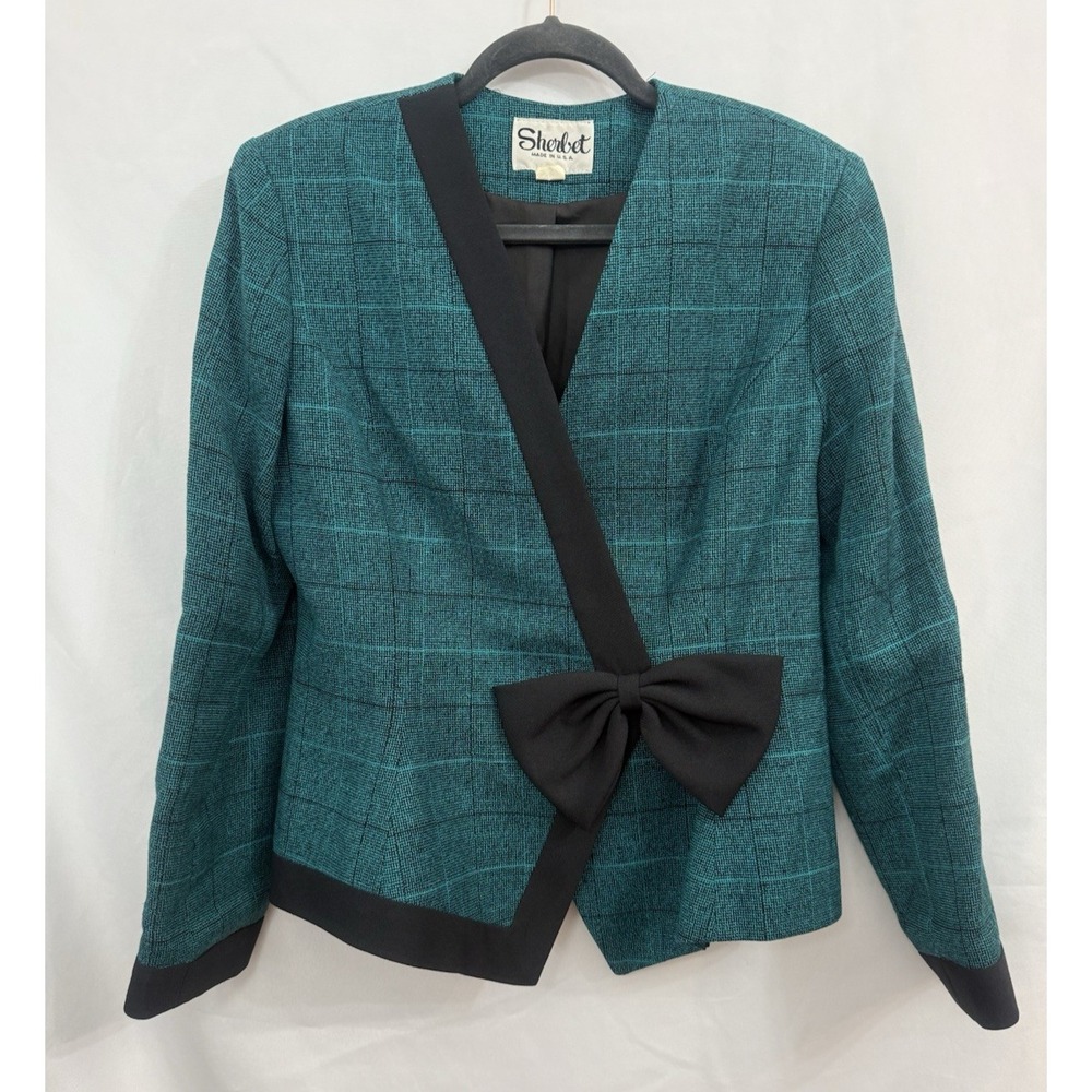 VTG 80's Sherbet‎ Teal Black Plaid Blazer Jacket with Black Bow Womens Size 12